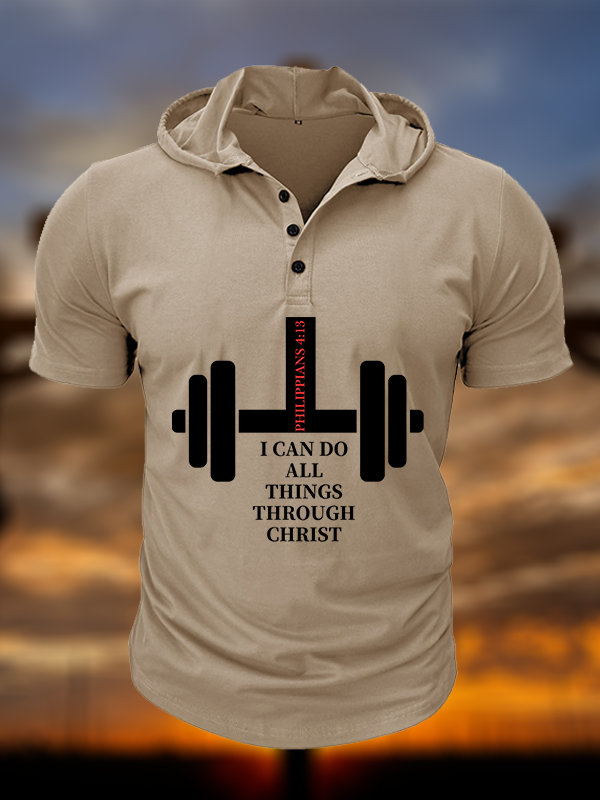 Fitness Philippians 4 : 13 Christian Hooded Henley T Shirt