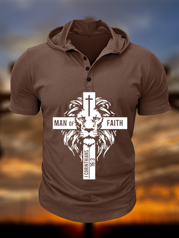 Man of Faith Christian Hooded Henley T Shirt