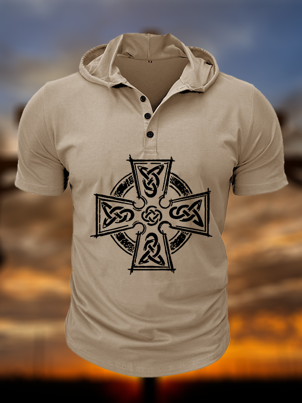 Celtic Cross Christian Hooded Henley T Shirt