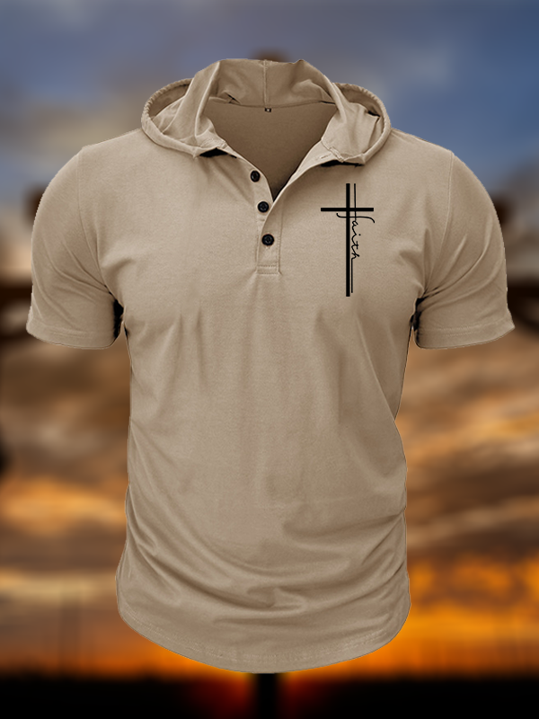 Faith Cross Christian Hooded Henley T Shirt