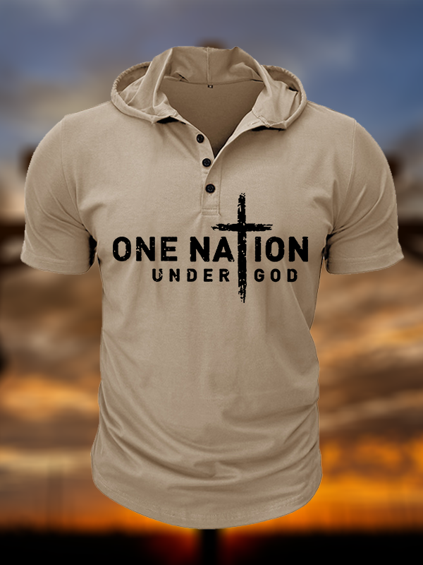 One Nation Under God Cross Christian Hooded Henley T Shirt