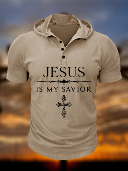 Jesus Is My Savior Christian Hooded Henley T Shirt
