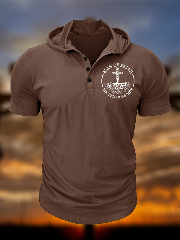 Man of Faith Rooted in Christ  Christian Hooded Henley T Shirt