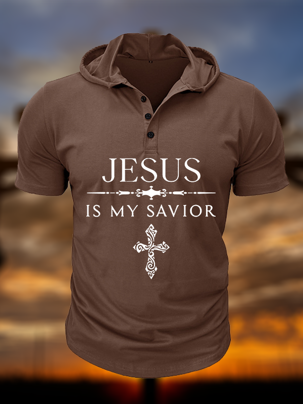 Jesus Is My Savior Christian Hooded Henley T Shirt