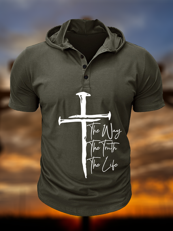 Jesus The Way The Truth The Life Christian Hooded Henley T Shirt