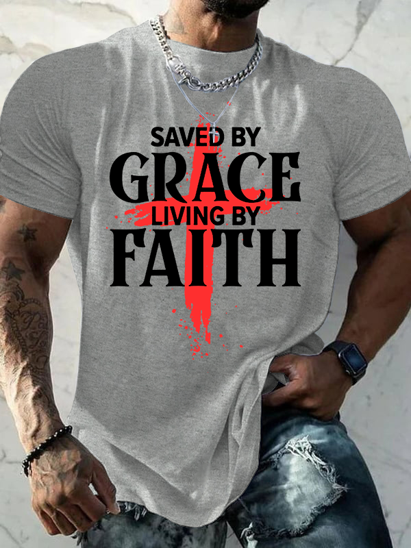 Saved By Grace Living By Faith Jesus God Christian Cotton T-Shirt