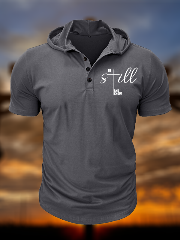 Be Still And Know Cross  Christian Hooded Henley T Shirt