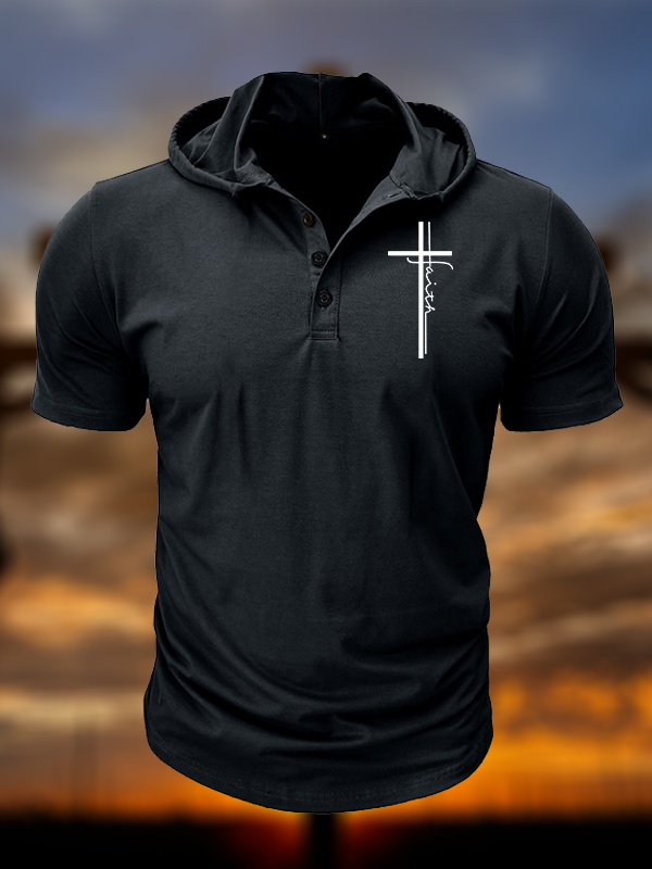 Faith Cross Christian Hooded Henley T Shirt