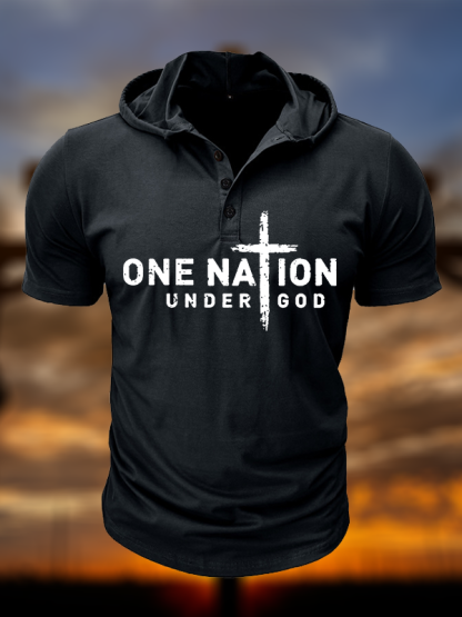 One Nation Under God Cross Christian Hooded Henley T Shirt