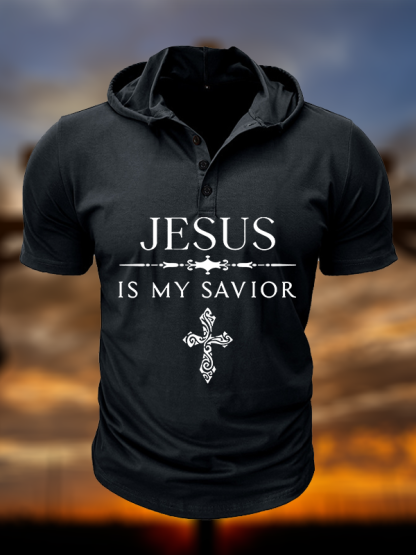 Jesus Is My Savior Christian Hooded Henley T Shirt