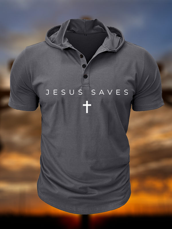 Jesus Saves Christian Hooded Henley T Shirt