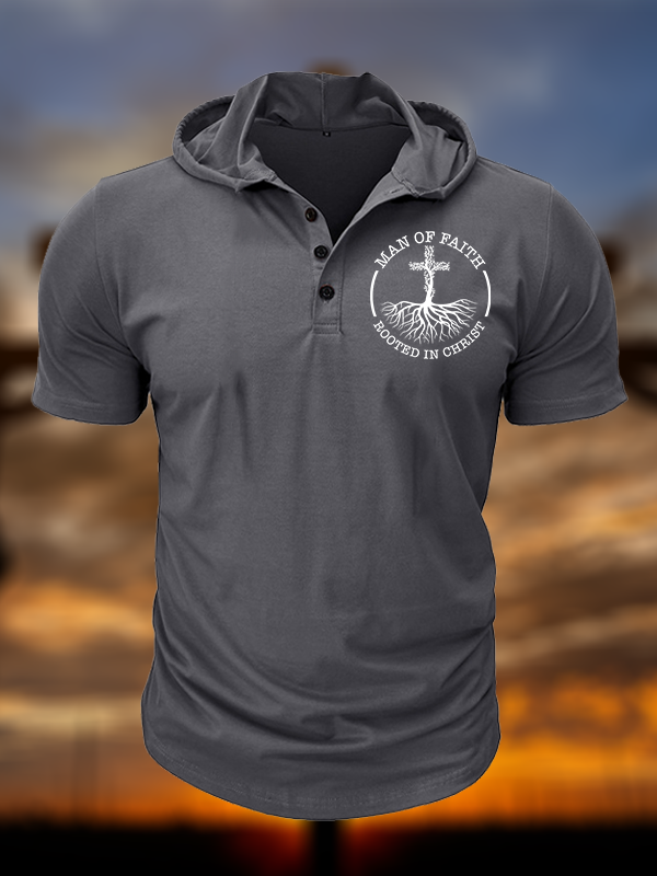 Man of Faith Rooted in Christ  Christian Hooded Henley T Shirt