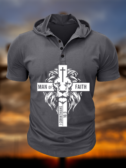 Man of Faith Christian Hooded Henley T Shirt