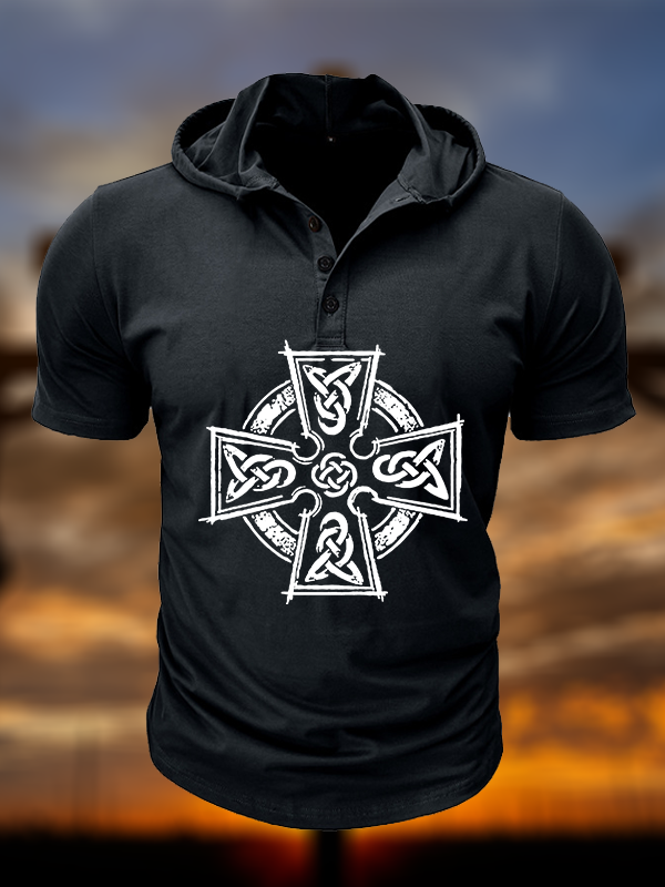 Celtic Cross Christian Hooded Henley T Shirt