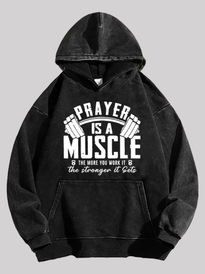 Prayer Is A Muscle Cross  Jesus God Christian Washed Hoodie