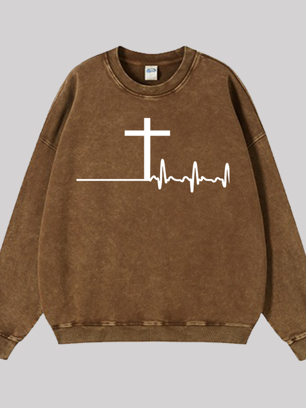 ECG Cross Jesus God Christian Washed Sweatshirt