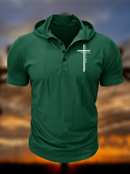 Faith Cross Christian Hooded Henley T Shirt
