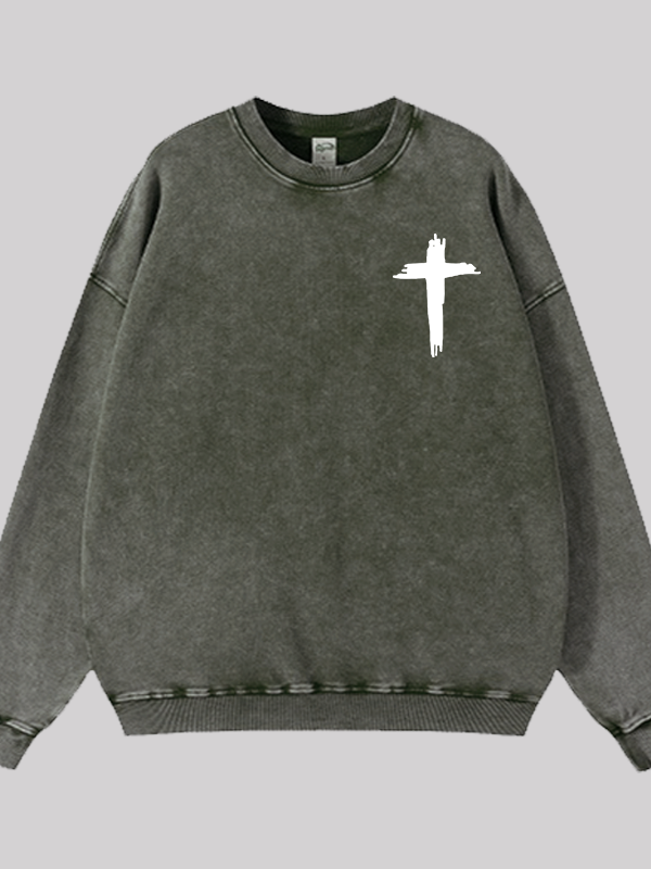 Cross Printed Jesus God Christian Washed Sweatshirt