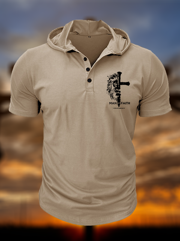 Man of Faith Christian Hooded Henley T Shirt
