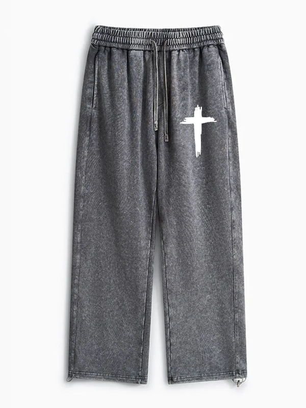 Cross Printed Jesus God Christian Washed Sweatpants