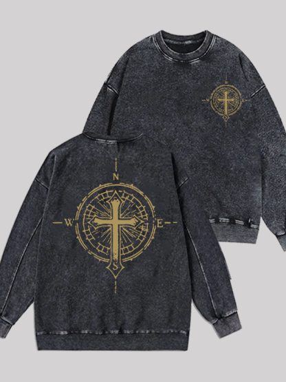 [Cross Compass Jesus God Christian Washed Sweatshirt