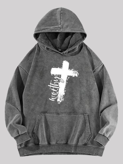 Worthy Cross  Jesus God Christian Washed Hoodie