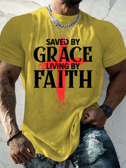 Saved By Grace Living By Faith Jesus God Christian Cotton T-Shirt
