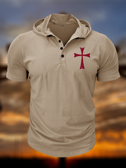 Knights Templar Crusader Cross Christian Hooded Henley T Shirt
