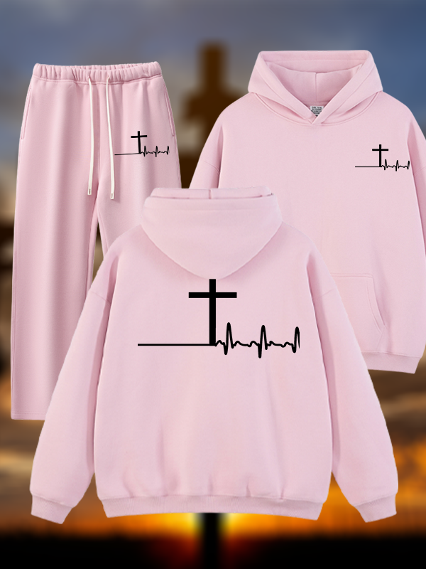 ECG Cross Jesus God Christian Plush Fleece-Lined Hoodie Set