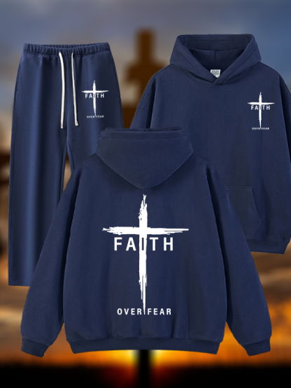 Faith Over Fear Cross Jesus God Christian Plush Fleece-Lined Hoodie Set