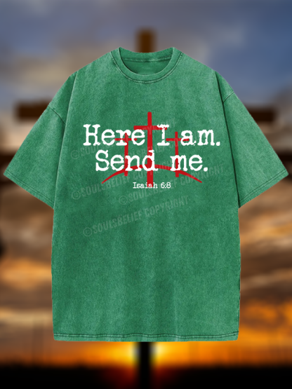 Here I Am Send Me - Bible Verse Isaiah 6:8 Christian Washed T-Shirt
