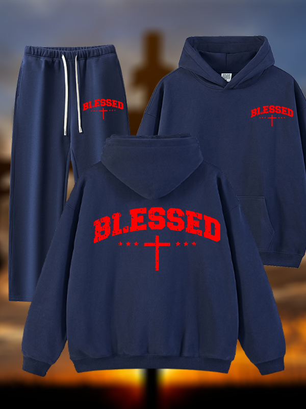 Blessed Cross Jesus God Christian Plush Fleece-Lined Hoodie Set