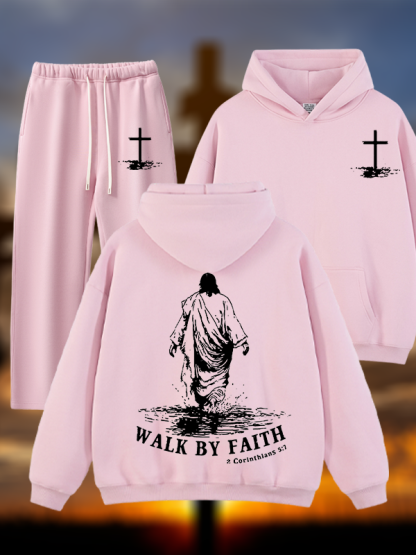 Walk by Faith Jesus God Christian Plush Fleece-Lined Hoodie Set