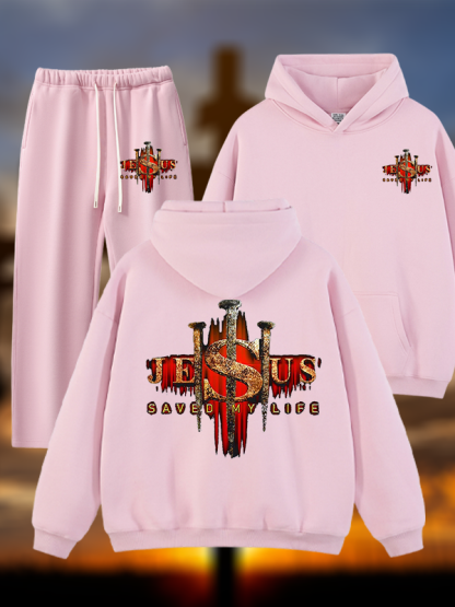 Jesus Saved My Life Jesus God Christian Plush Fleece-Lined Hoodie Set