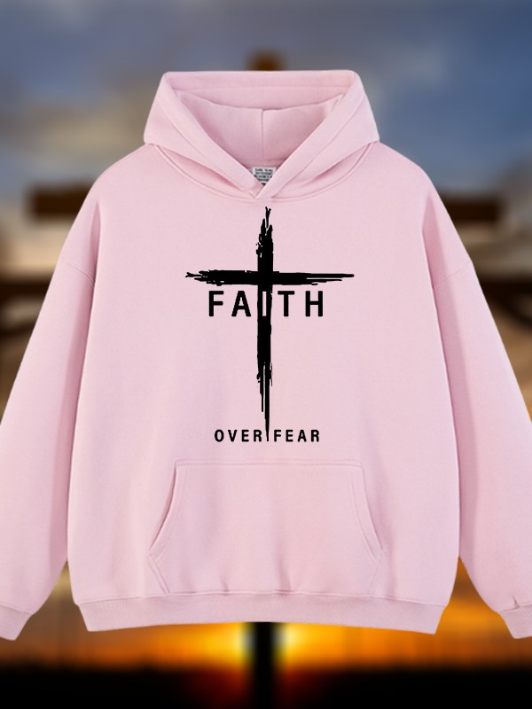 Faith Over Fear Cross Jesus God Christian Plush Fleece-Lined Hoodie
