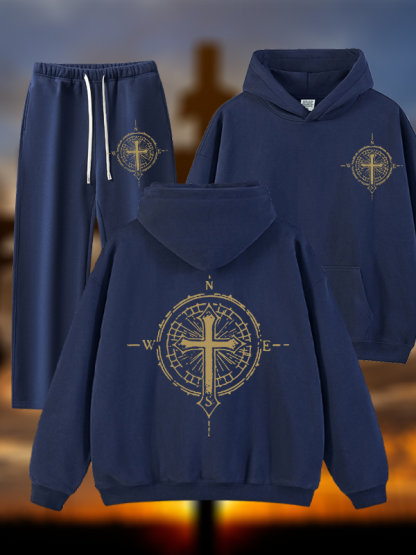 Cross Compass Jesus God Christian Plush Fleece-Lined Hoodie Set