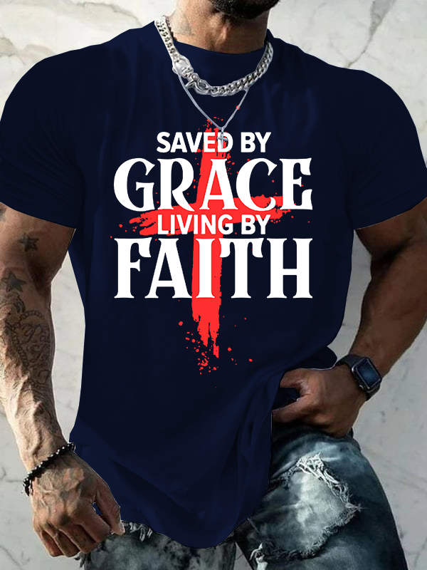 Saved By Grace Living By Faith Jesus God Christian Cotton T-Shirt