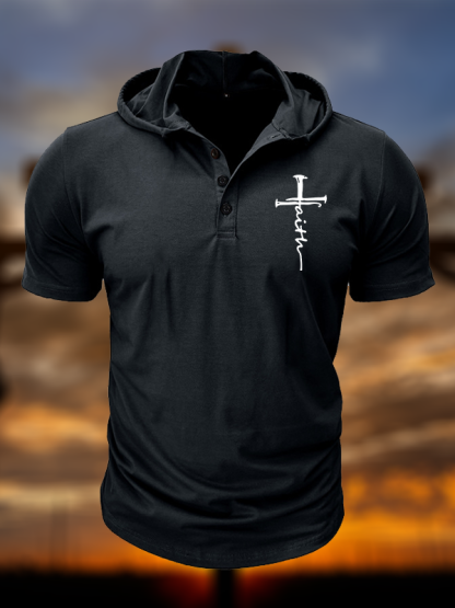 Cross Christian Hooded Henley T Shirt