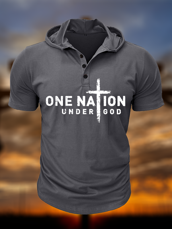 One Nation Under God Cross Christian Hooded Henley T Shirt