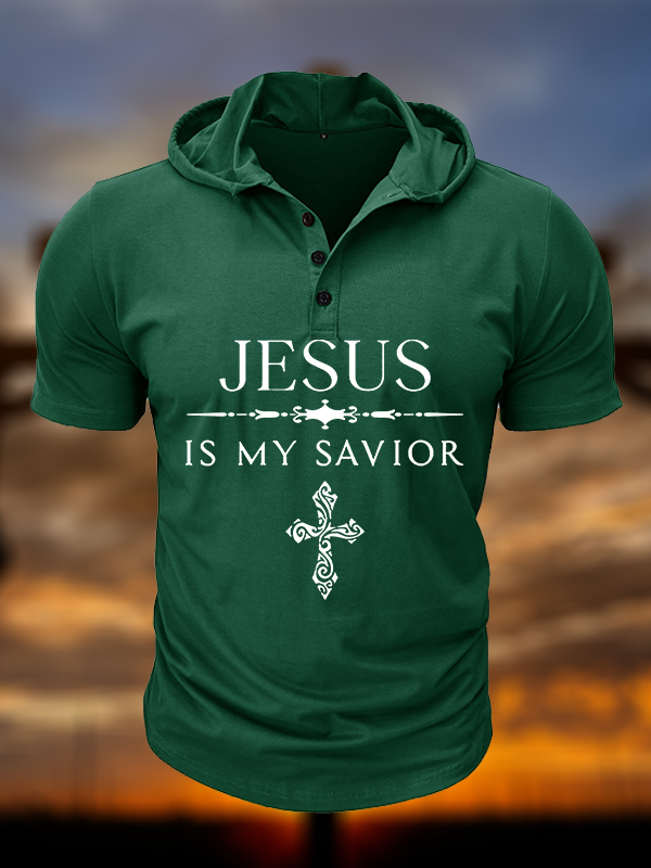 Jesus Is My Savior Christian Hooded Henley T Shirt