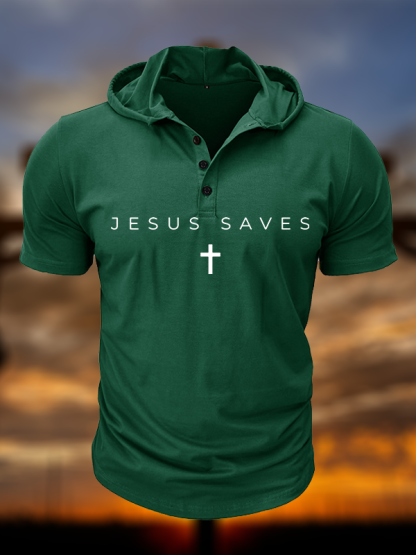Jesus Saves Christian Hooded Henley T Shirt
