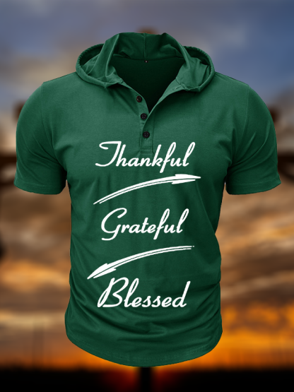 Thankful Grateful Blessed Christian Hooded Henley T Shirt