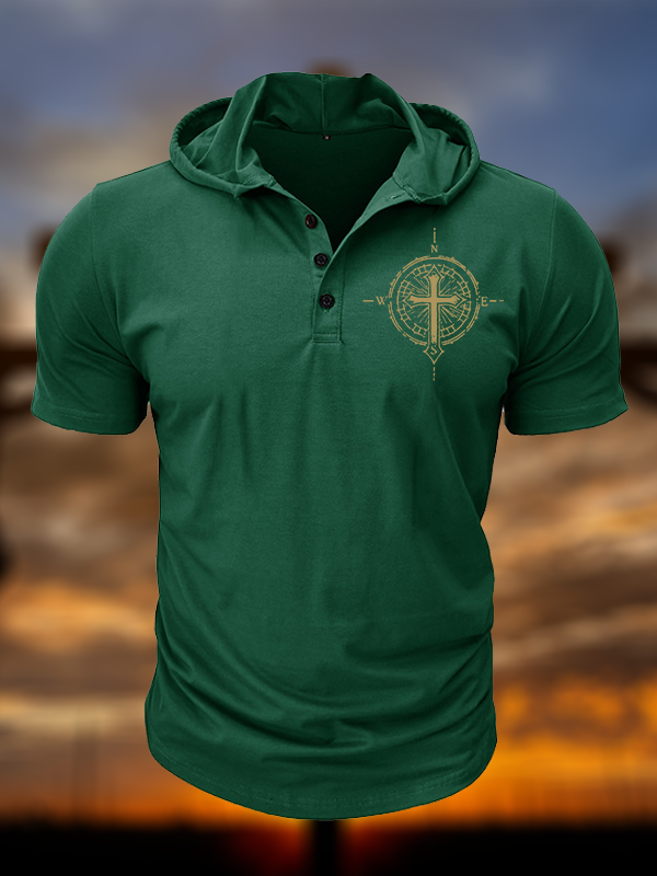 Cross Compass Christian Hooded Henley T Shirt