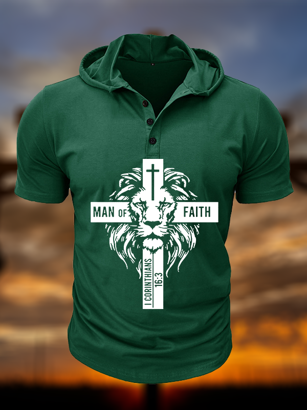 Man of Faith Christian Hooded Henley T Shirt