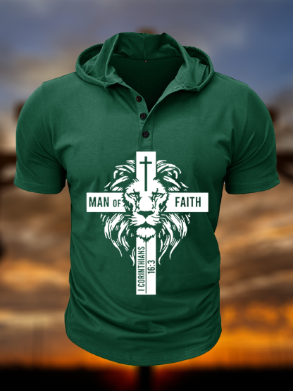 Man of Faith Christian Hooded Henley T Shirt