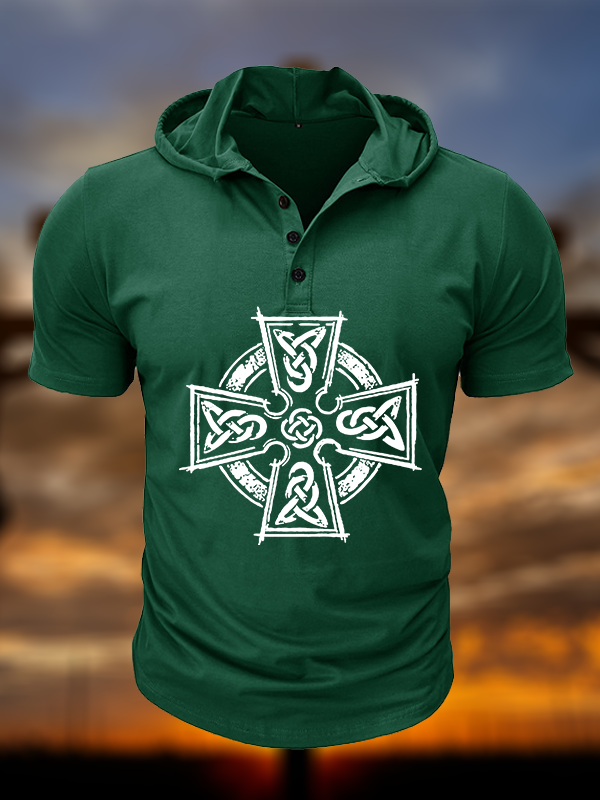 Celtic Cross Christian Hooded Henley T Shirt