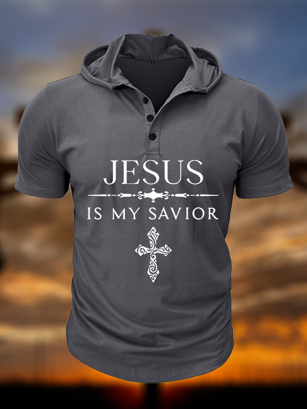 Jesus Is My Savior Christian Hooded Henley T Shirt