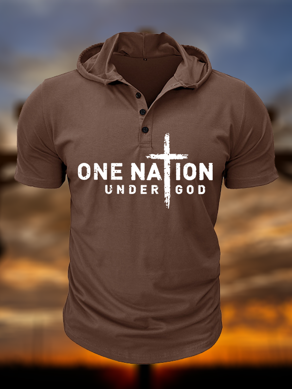 One Nation Under God Cross Christian Hooded Henley T Shirt