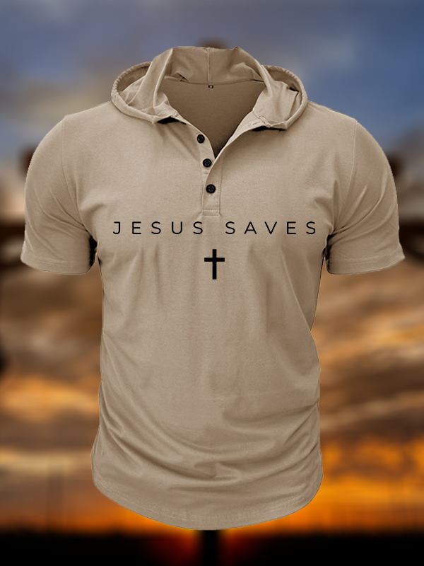 Jesus Saves Christian Hooded Henley T Shirt