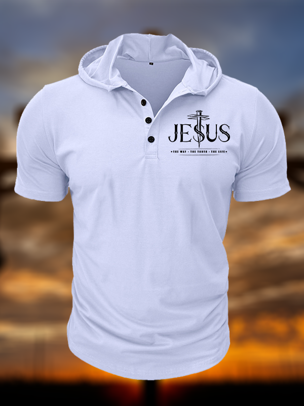 Jesus The Way The Truth The Life Christian Hooded Henley T Shirt